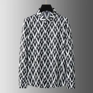 V Pattern Print Men's Shirt - Black and White Long Sleeve Smart Casual Slim Fit