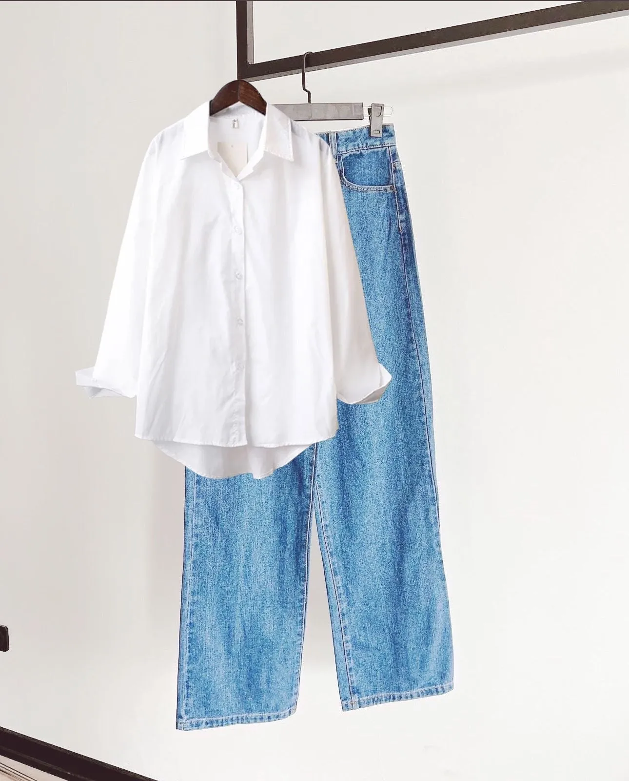 White button down shirt with sky wide leg jeans