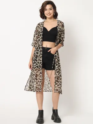 Women Animal Printed Longline Georgette Tie-Up Shrug