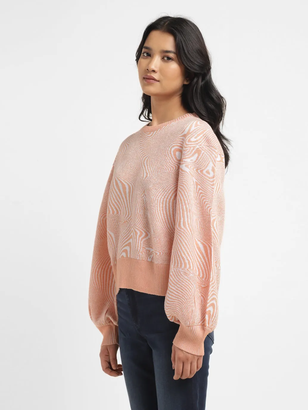 Women's Abstract Print Peach Crew Neck Sweater