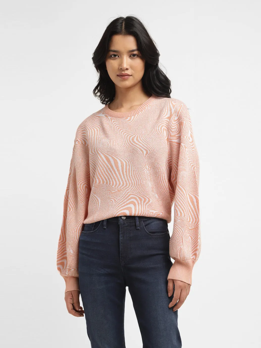 Women's Abstract Print Peach Crew Neck Sweater