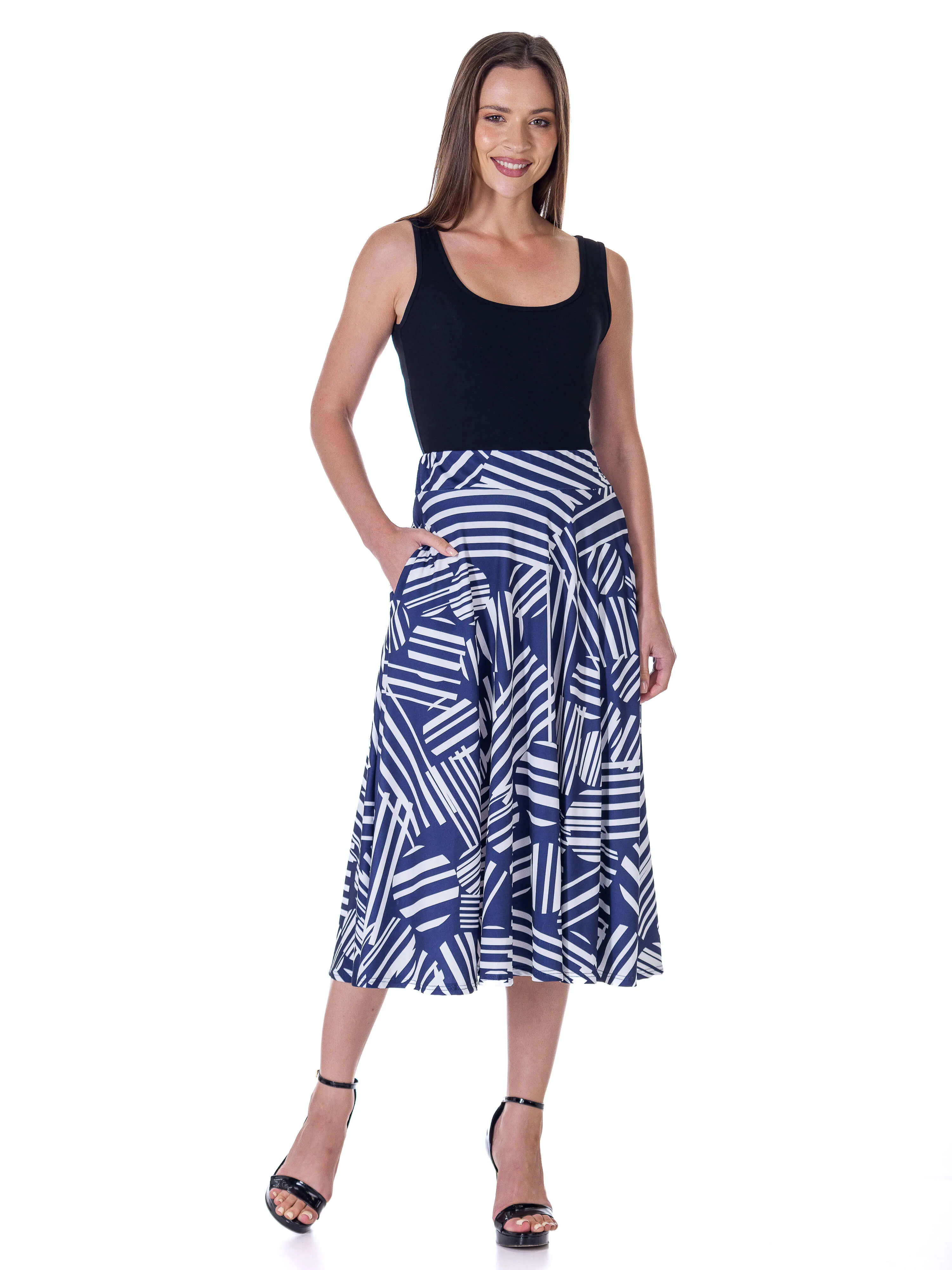 Womens Navy Geometric Print Pleated Midi Skirt With Pockets