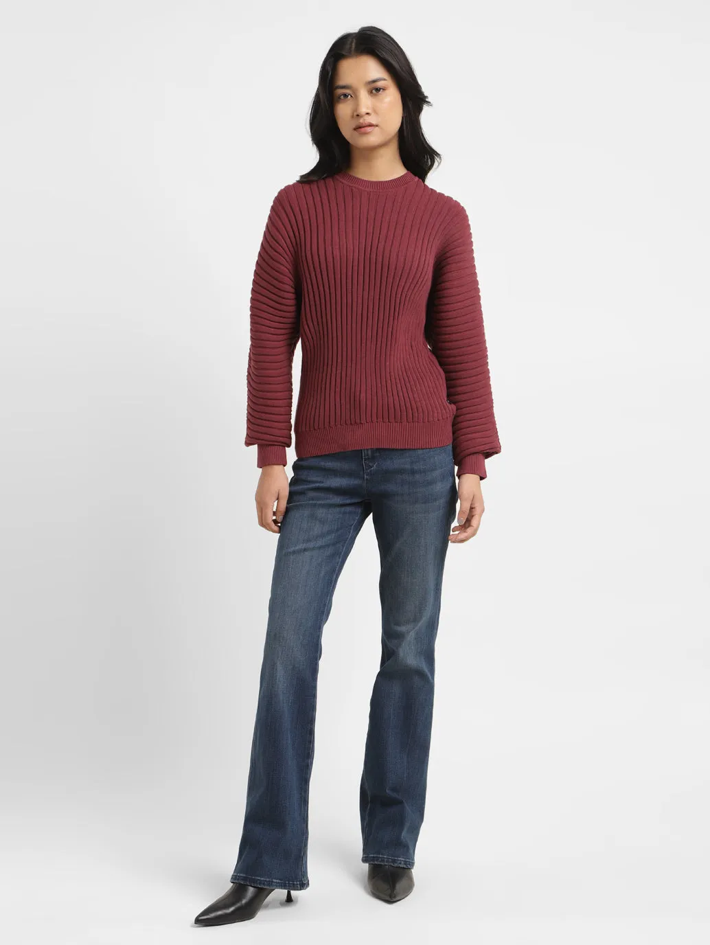 Women's Self Design Maroon Crew Neck Sweater