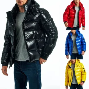 xiangtuibao Bright Color Hooded Shiny Jackets Zipper Men Jacket Casual Thicken Spring Mens Slim Fit Brand Outwear High Collar Coats Fashion