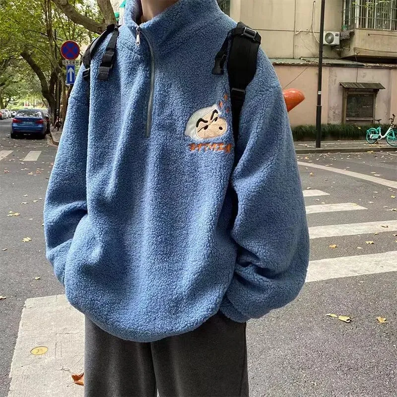 xiangtuibao Winter Men's Thickened Cashmere Pullover High Collar Cartoon Hoodies Trend Loose Sweatshirts Blue/khaki Color Coats S-3XL