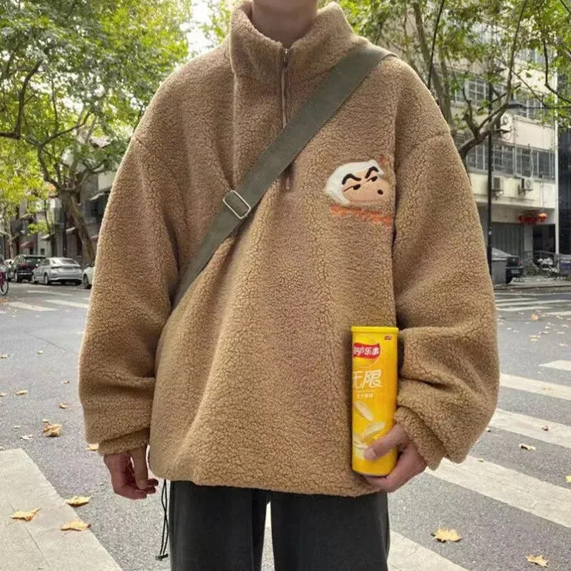 xiangtuibao Winter Men's Thickened Cashmere Pullover High Collar Cartoon Hoodies Trend Loose Sweatshirts Blue/khaki Color Coats S-3XL