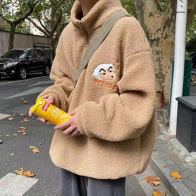 xiangtuibao Winter Men's Thickened Cashmere Pullover High Collar Cartoon Hoodies Trend Loose Sweatshirts Blue/khaki Color Coats S-3XL