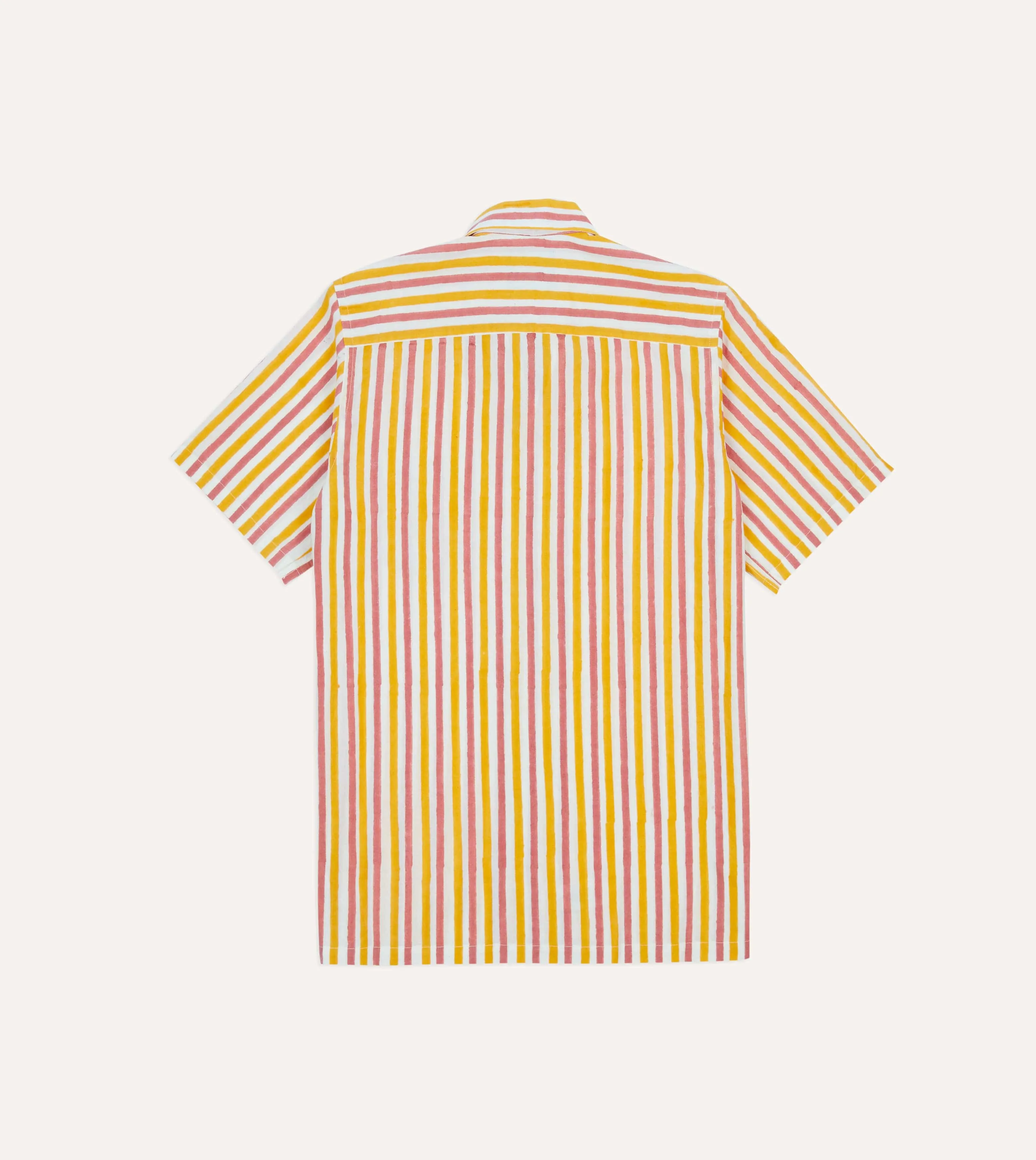 Yellow and Pink Stripe Block Print Cotton Camp Collar Short Sleeve Shirt