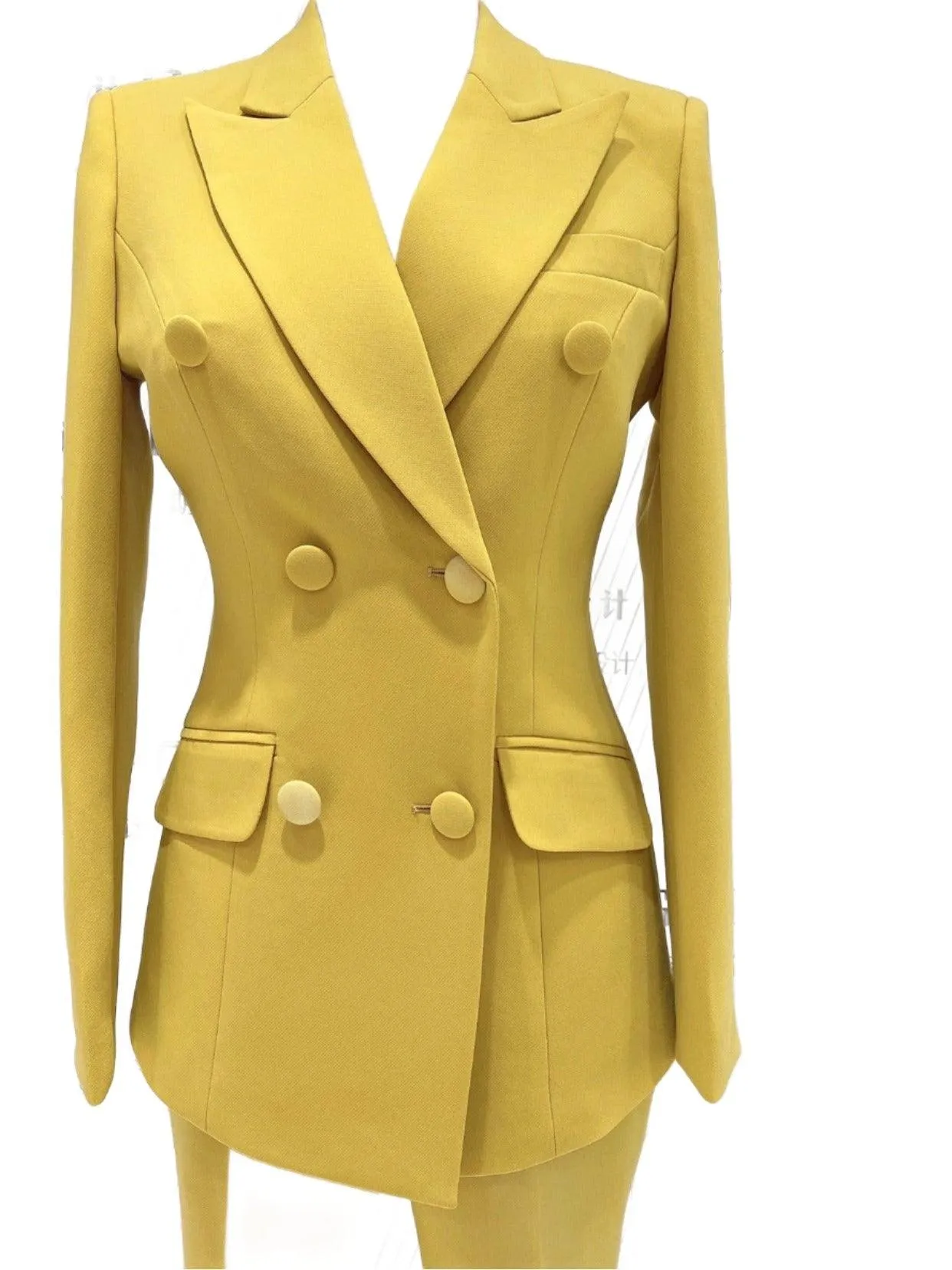 Yellow Double-Breasted Pant Suit - Flared Women Suit