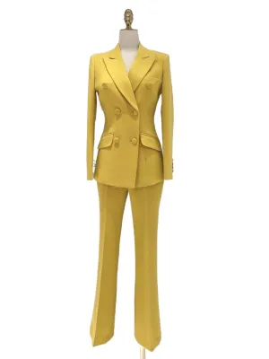 Yellow Double-Breasted Pant Suit - Flared Women Suit