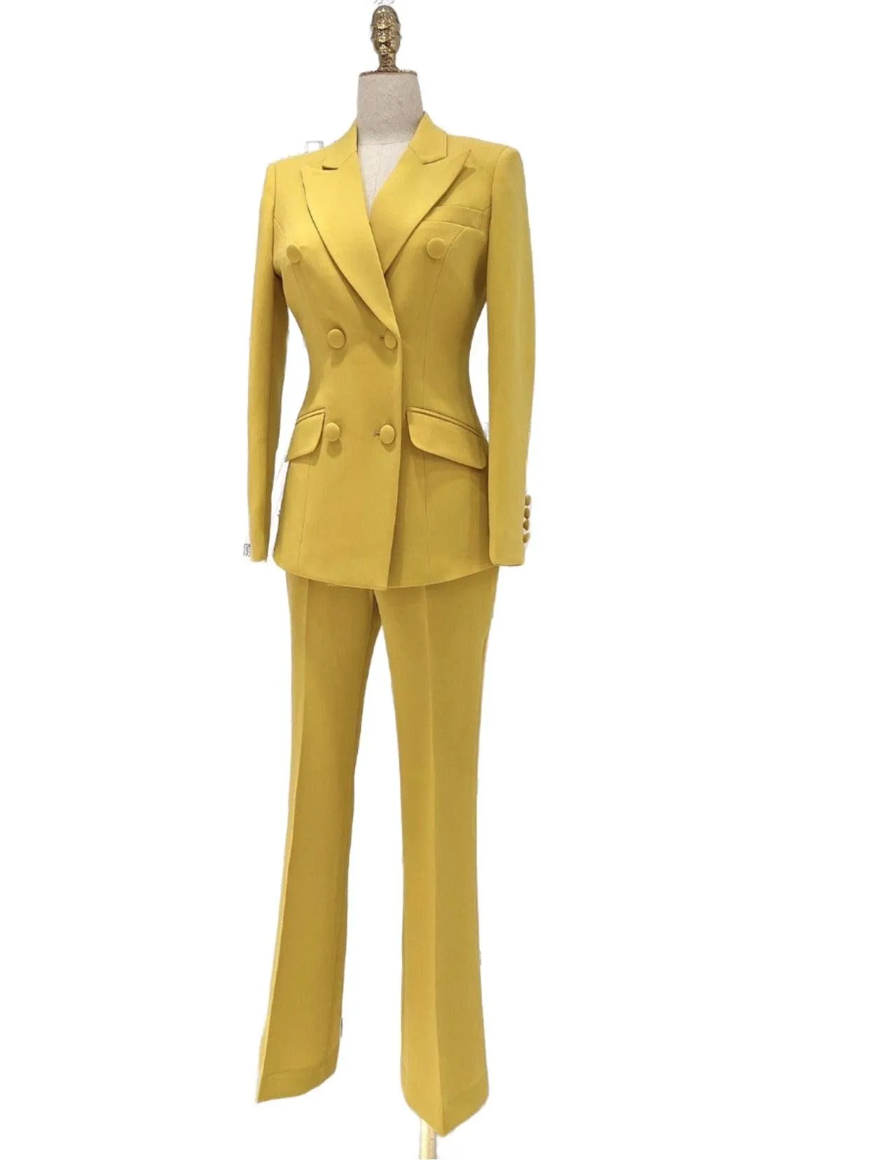 Yellow Double-Breasted Pant Suit - Flared Women Suit